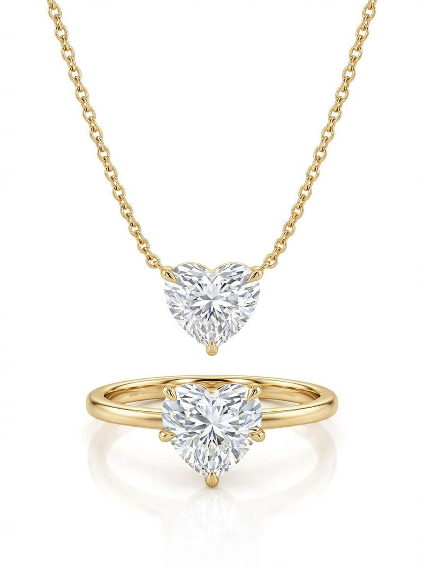 Heart-shaped diamond ring and necklace on a white background
