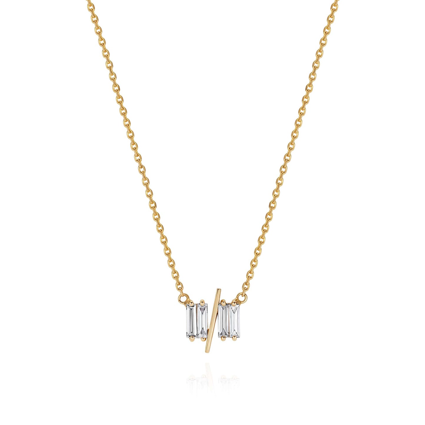 11/11 necklace in yellow gold – featuring a thin yellow gold chain, 4 long thin diamonds, with a thin diagonal gold bar, to look like the ‘11/11’ symbol.