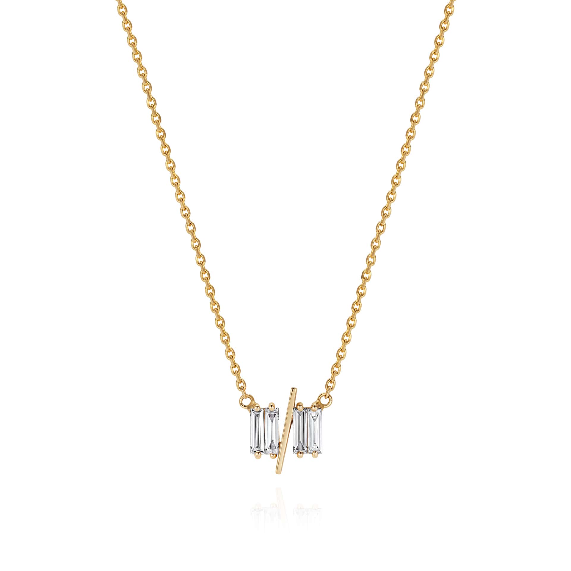 11/11 necklace in yellow gold – featuring a thin yellow gold chain, 4 long thin diamonds, with a thin diagonal gold bar, to look like the ‘11/11’ symbol.