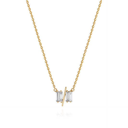 11/11 necklace in yellow gold – featuring a thin yellow gold chain, 4 long thin diamonds, with a thin diagonal gold bar, to look like the ‘11/11’ symbol.