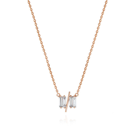 11/11 necklace in rose gold - featuring a thin rose gold chain, 4 long thin diamonds, with a thin diagonal gold bar, to make the ‘11/11’ symbol.