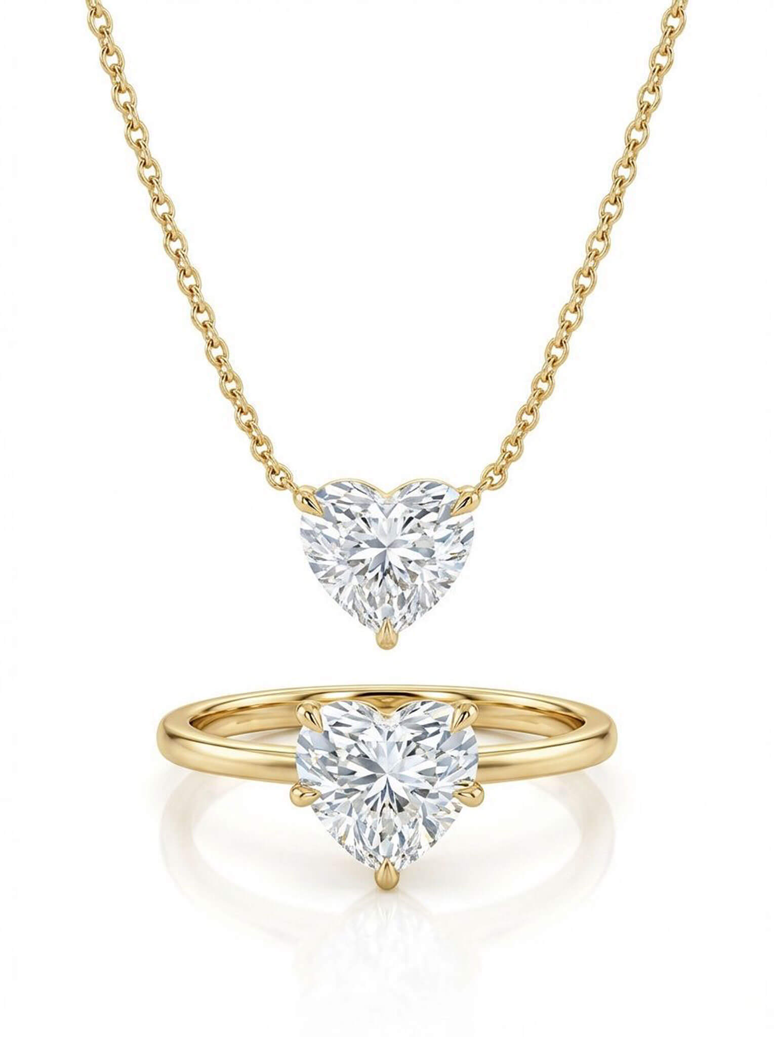 Heart-shaped diamond ring and necklace on a white background