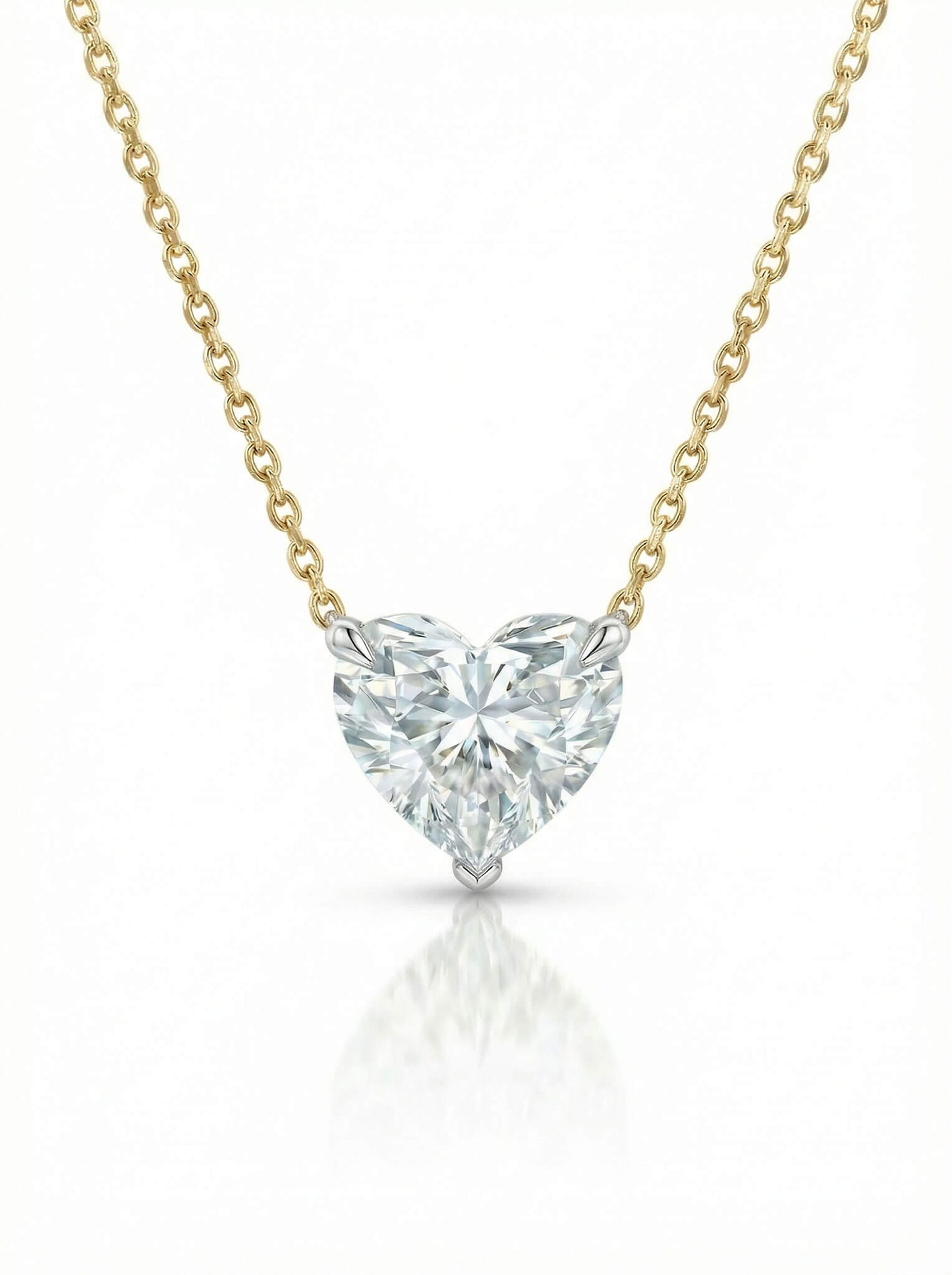 Heart-shaped diamond pendant on a gold chain against a white background