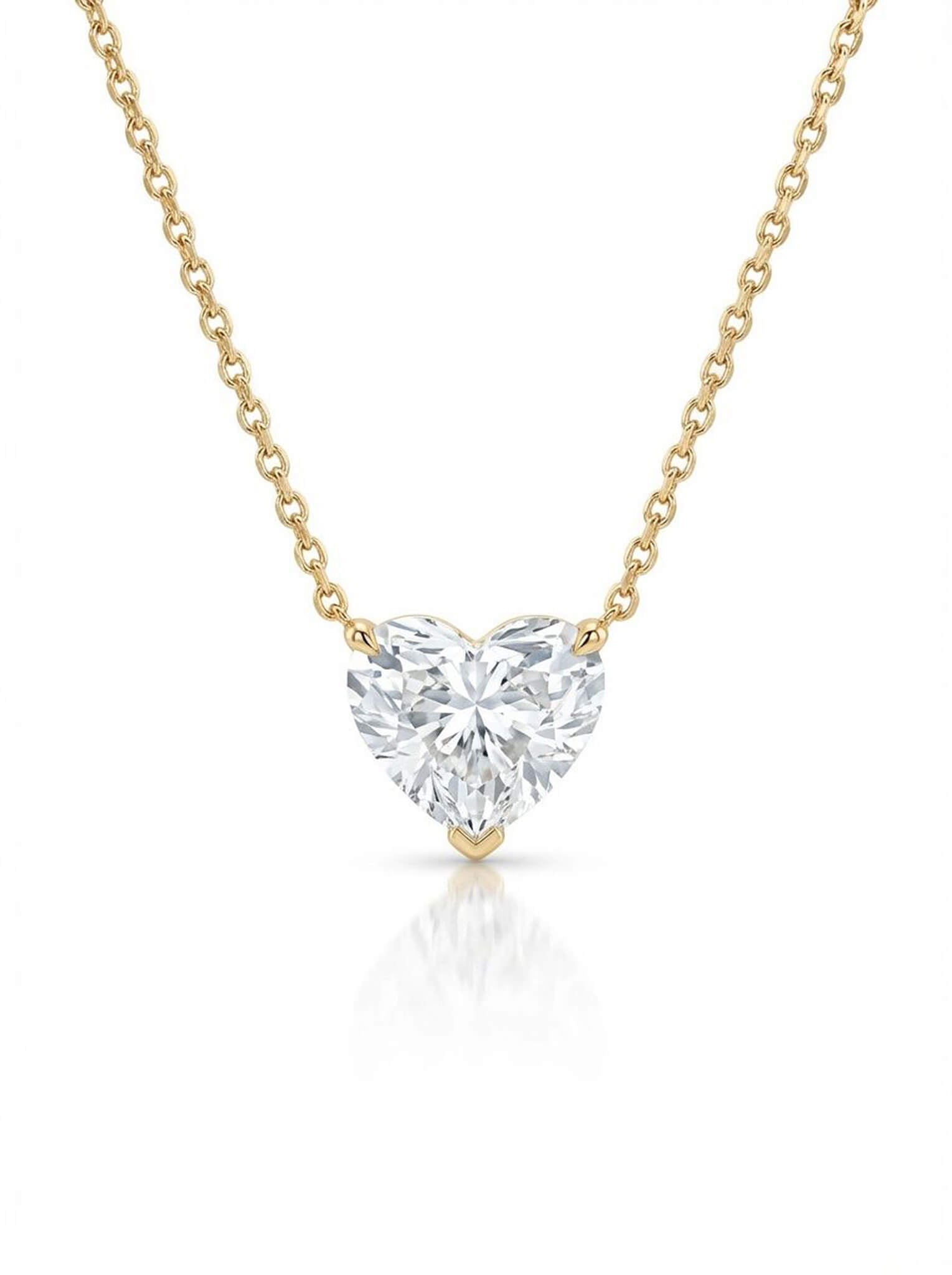Heart-shaped diamond pendant on a gold chain against a white background