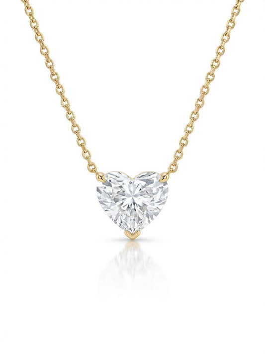 Heart-shaped diamond pendant on a gold chain against a white background