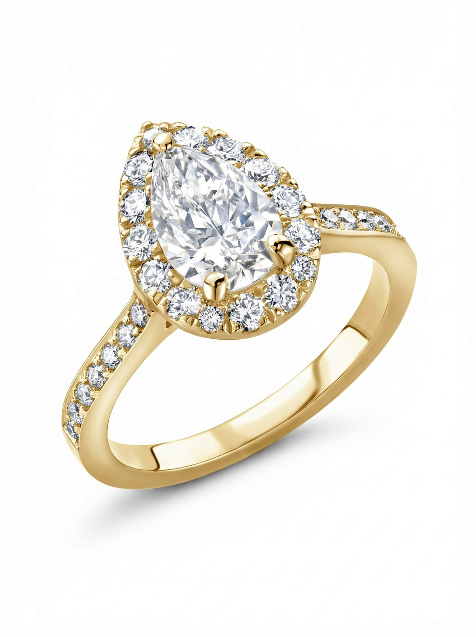 Gold ring with a large central diamond and smaller diamonds on a white background.