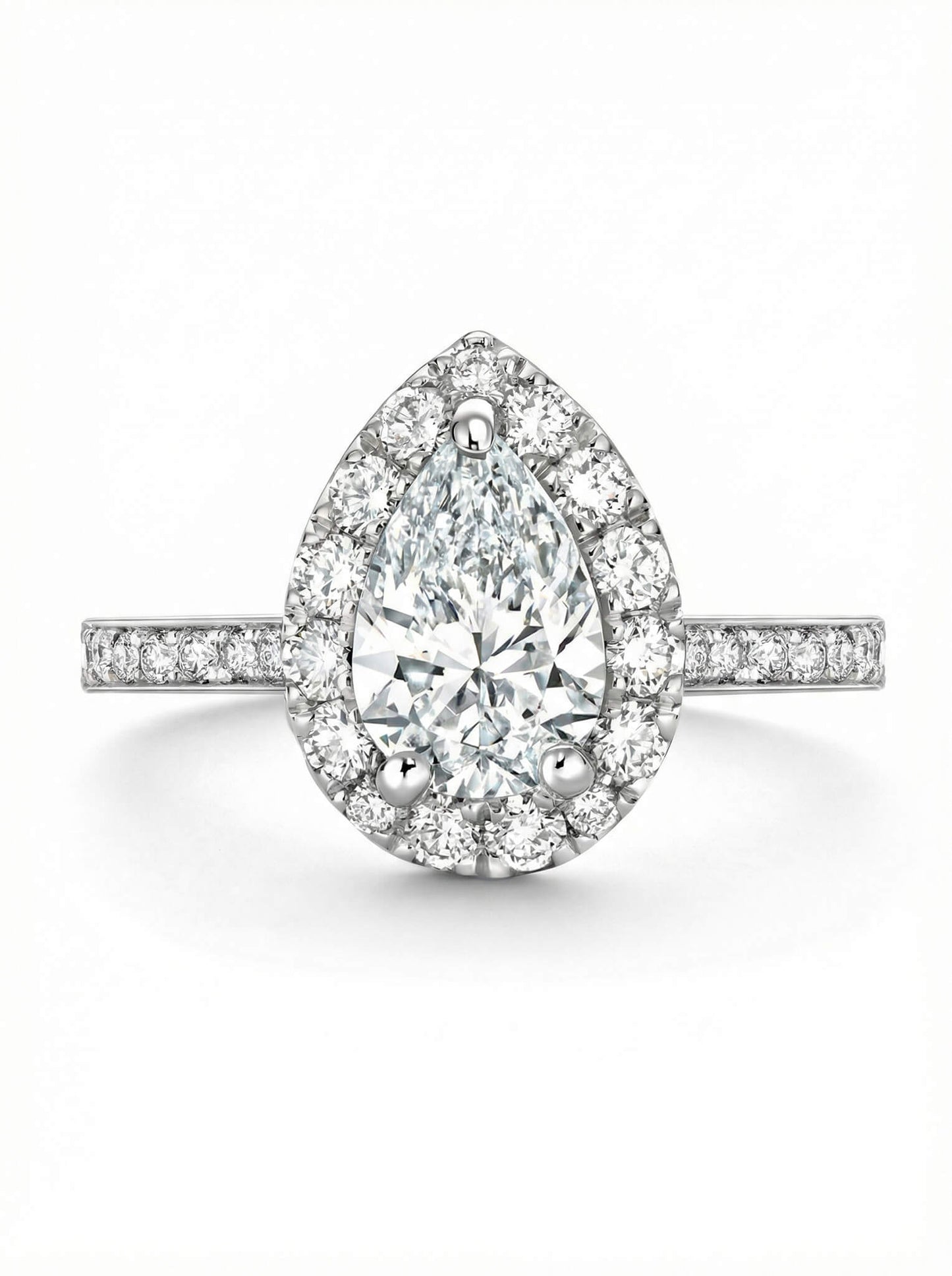 Diamond ring with a pear-shaped center stone on a white background