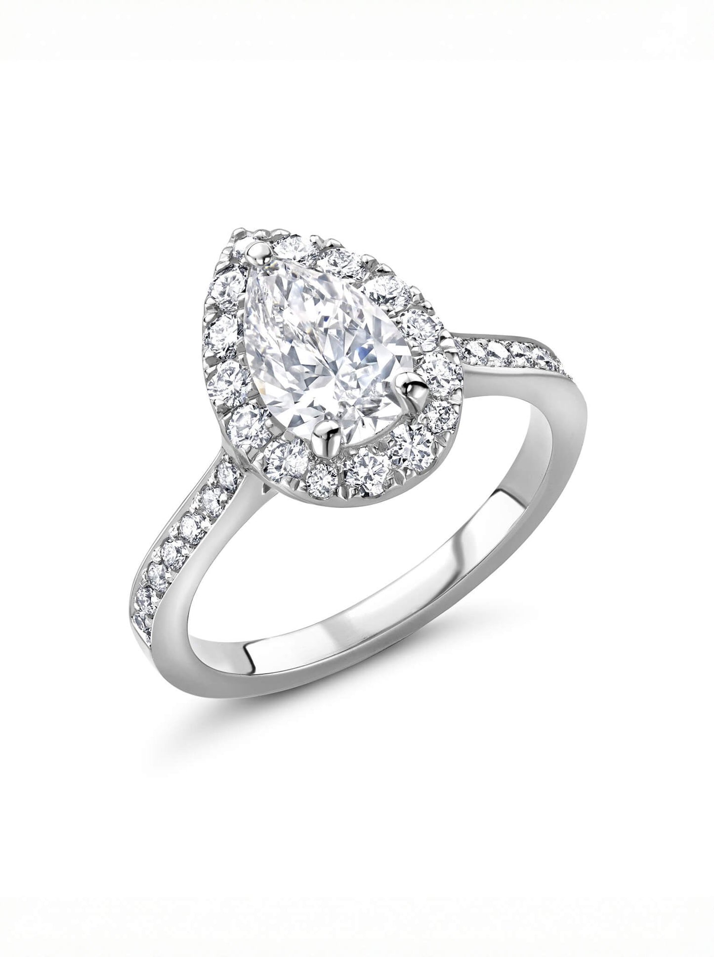 Diamond ring with pear-shaped center stone on a white background
