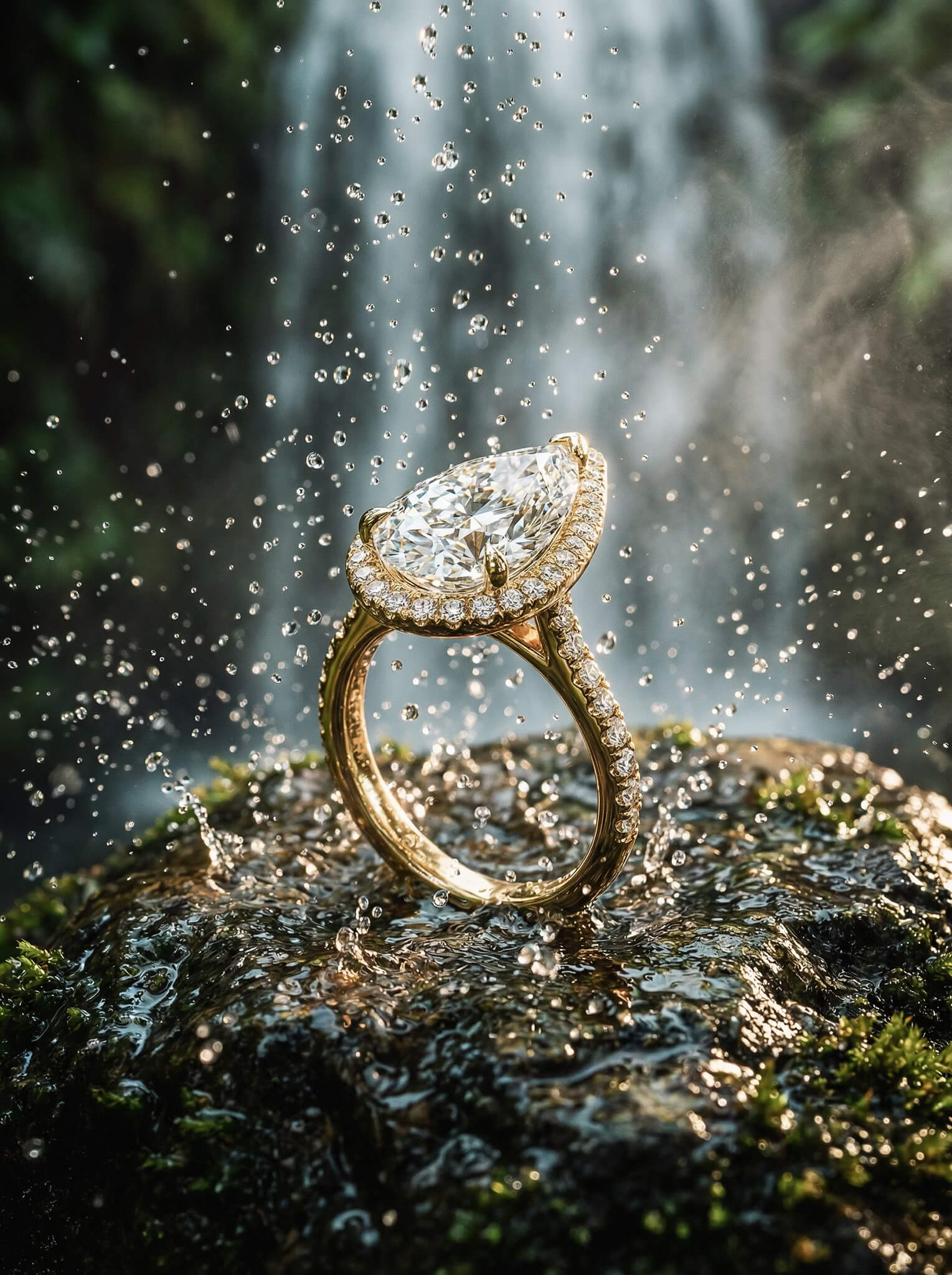 Gold ring with a diamond on a rock with water and waterfall in the background